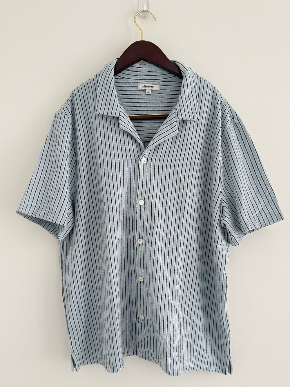 Madewell The Textured Knit Camp Collar Shirt Feather Blue Black White Stripe New
